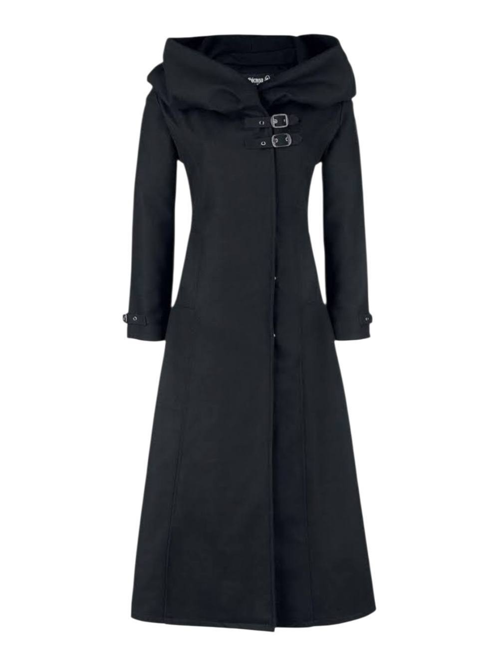Gothicana By EMP Long Black Peacoat with Buckle Collar Corset Back